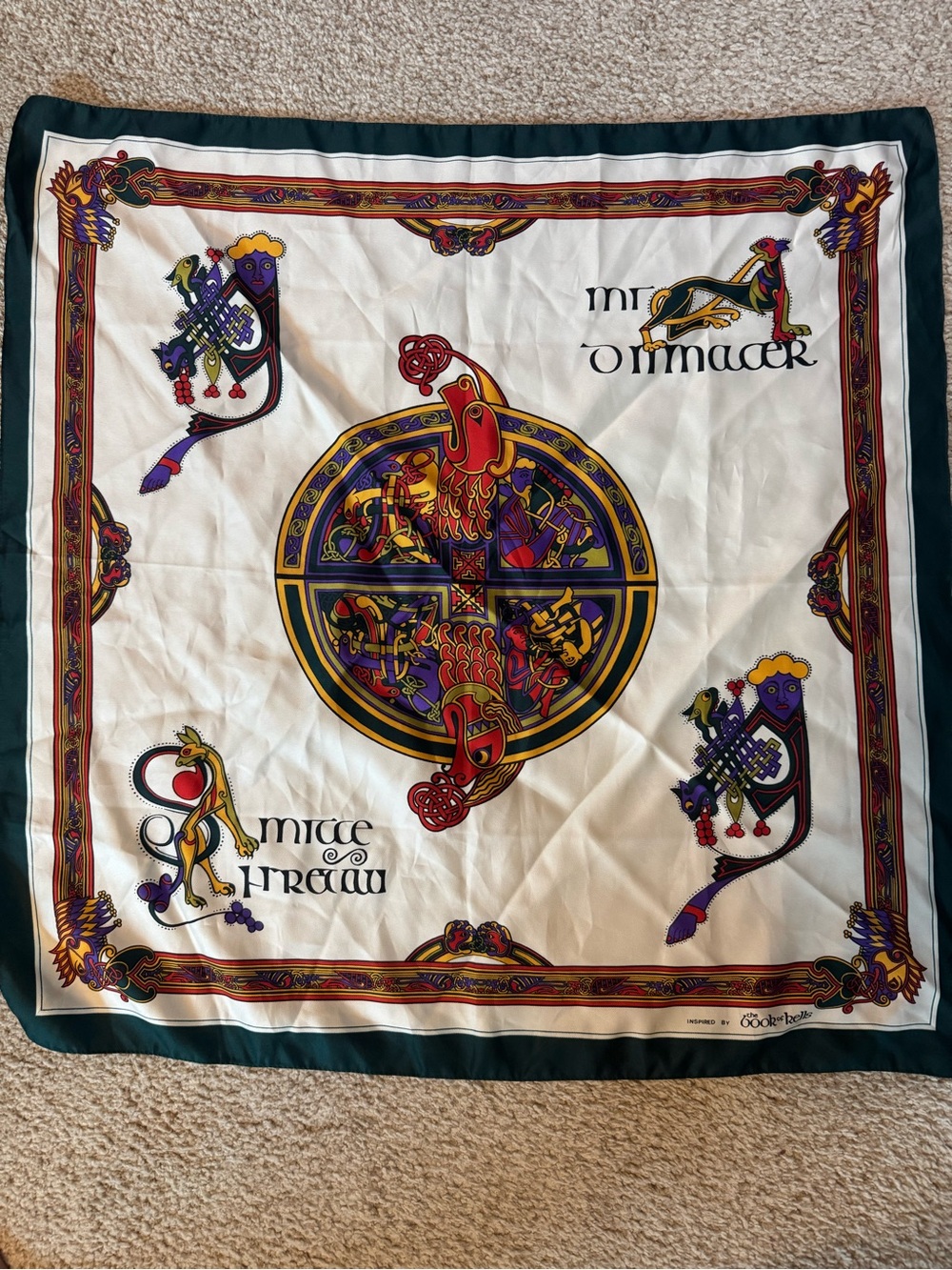 Book of Kells scarf from Dublin, ISilk Celtic-Inspired Scarf with Emerald Border